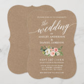 Calligrafiescript Roze White Floral Wedding Kraft Kaart (Voorkant / Achterkant)