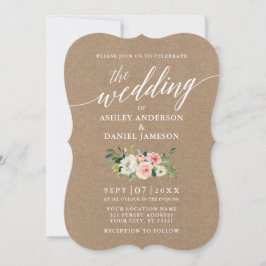 Calligrafiescript Roze White Floral Wedding Kraft Kaart
