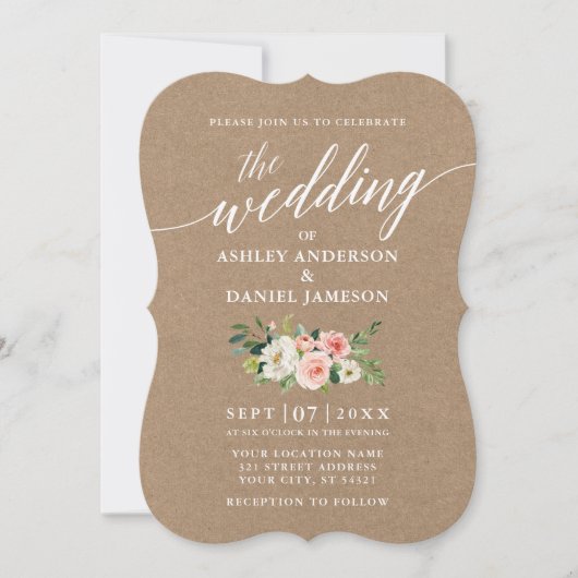 Calligrafiescript Roze White Floral Wedding Kraft Kaart (Voorkant)