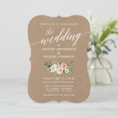 Calligrafiescript Roze White Floral Wedding Kraft Kaart (Staand voorkant)