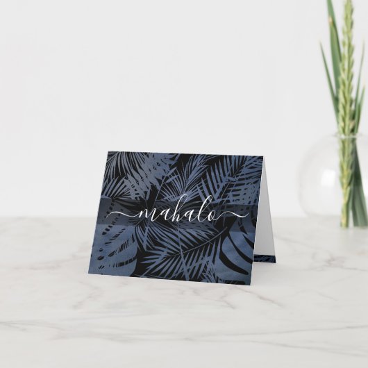 Calligrafiescript van de mahalo navy tropical palm bedankkaart (Voorkant)
