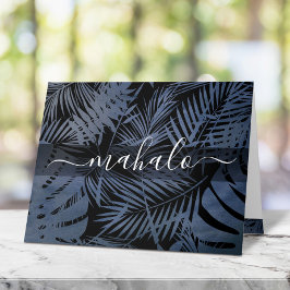 Calligrafiescript van de mahalo navy tropical palm bedankkaart