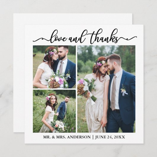 Calligrafiescript Weddenschap Collage 3 Photo Squa Bedankkaart (Voorkant / Achterkant)