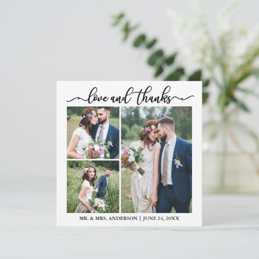 Calligrafiescript Weddenschap Collage 3 Photo Squa Bedankkaart (Staand voorkant)
