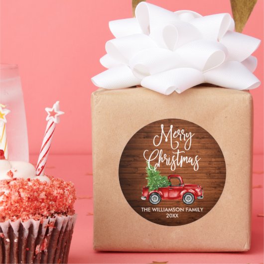 Calligrafiescript Wood Kerstmis Red Truck Ronde Sticker (Feest)