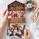Calligrafiet 4 Foto in één kerstKaart All In One Uitnodiging<br><div class="desc">Modern Fun Calligraphy Script 4 Photo Merry Kerstall in one Kaart - Rustige country wood and String lights</div>