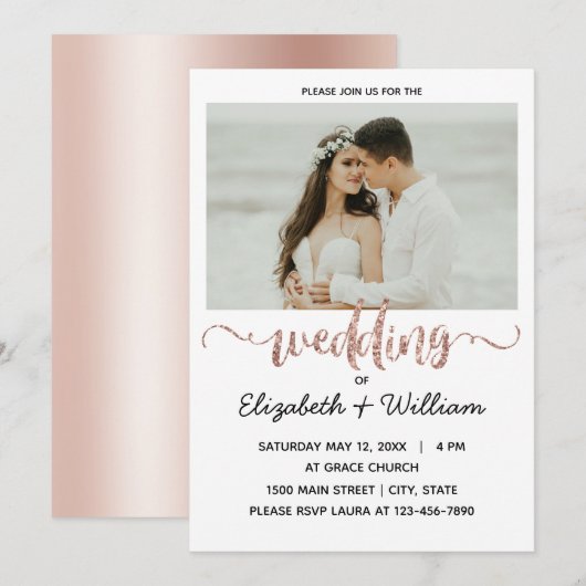 Calligrafisch Roos Gold Glitter Weddenfoto  Kaart (Voorkant / Achterkant)