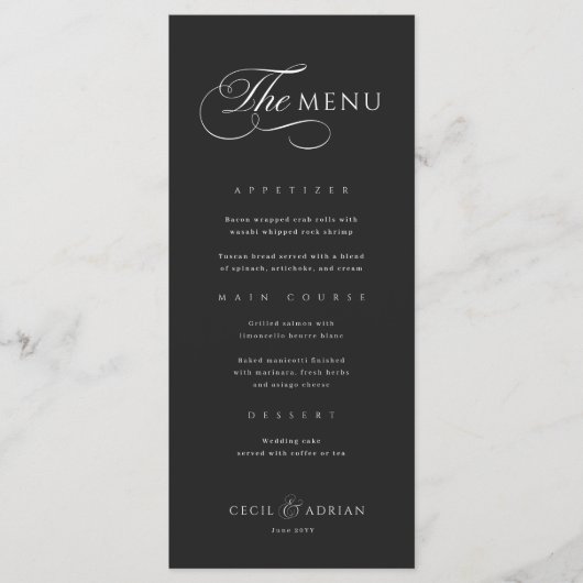 Calligraphic Elegant Black Wedding Menu (Voorkant)