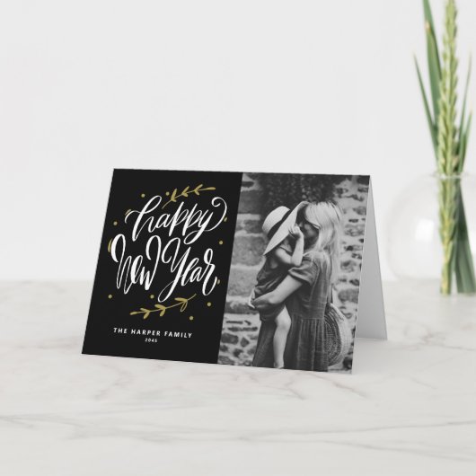 Calligraphy and Wreath New Year Photo Black Feestdagen Kaart (Voorkant)