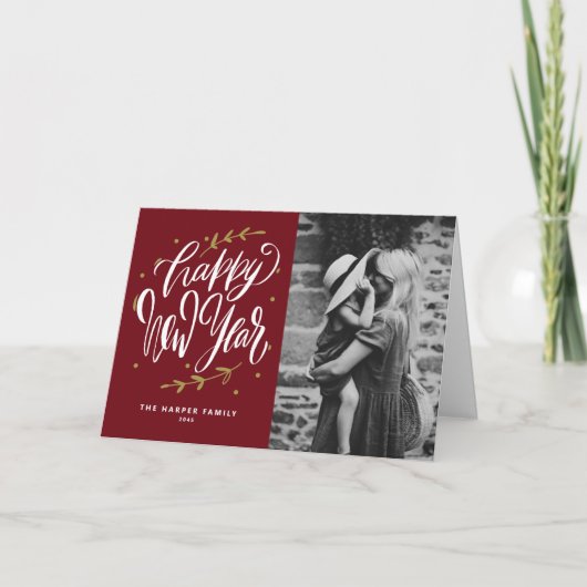 Calligraphy and Wreath New Year Photo Burgundy Feestdagen Kaart (Voorkant)