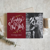 Calligraphy and Wreath New Year Photo Burgundy Feestdagen Kaart