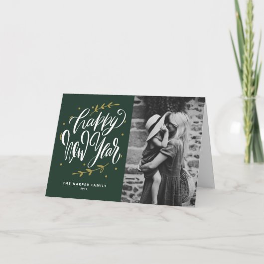Calligraphy and Wreath New Year Photo Green Feestdagen Kaart (Voorkant)
