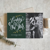 Calligraphy and Wreath New Year Photo Green Feestdagen Kaart