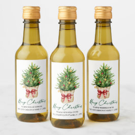 Calligraphy Christmas Watercolor Pine Red Bow Mini Wijn Etiket
