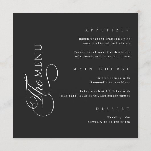 Calligraphy Elegant Square Black Wedding Menu (Voorkant)