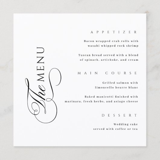 Calligraphy Elegant Square Wedding Menu (Voorkant)