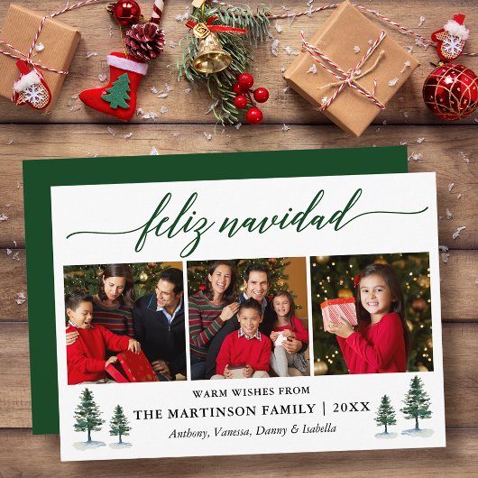 Calligraphy Feliz Navidad Pine Trees 3 Photo Green Feestdagenkaart