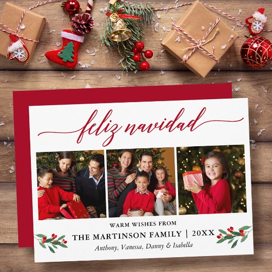 Calligraphy Feliz Navidad Red Holly 3 Photo Feestdagenkaart