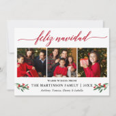 Calligraphy Feliz Navidad Red Holly 3 Photo Feestdagenkaart (Voorkant)
