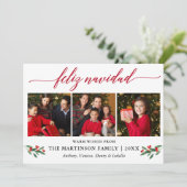 Calligraphy Feliz Navidad Red Holly 3 Photo Feestdagenkaart (Staand voorkant)