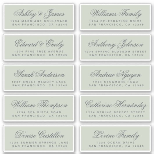 Calligraphy Groene Huwelijks Gast Adreslabels Sticker (Voorkant)