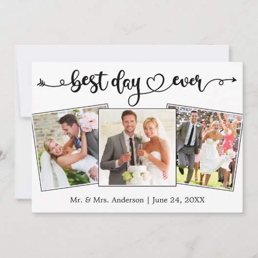 Calligraphy Heart Best Day Ever 3 Photos Wedding Bedankkaart (Voorkant)