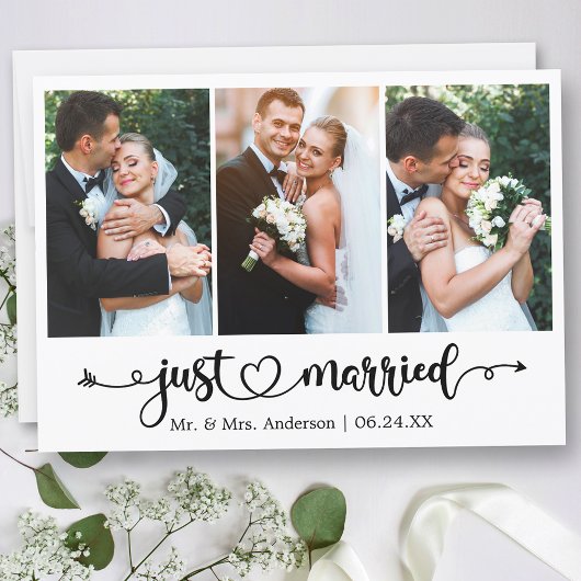 Calligraphy Heart Just Married 3 Photo Wedding Aankondiging