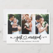 Calligraphy Heart Just Married 3 Photo Wedding Aankondiging (Voorkant)