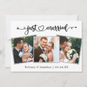 Calligraphy Heart Just Married 3 Photos Wedding Aankondiging (Voorkant)