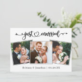 Calligraphy Heart Just Married 3 Photos Wedding Aankondiging (Staand voorkant)