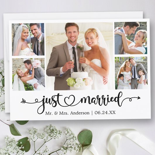 Calligraphy Heart Just Married 5 Photo Wedding Aankondiging