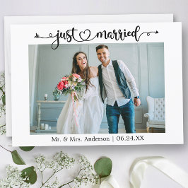Calligraphy Heart Just Married Photo Wedding Aankondiging