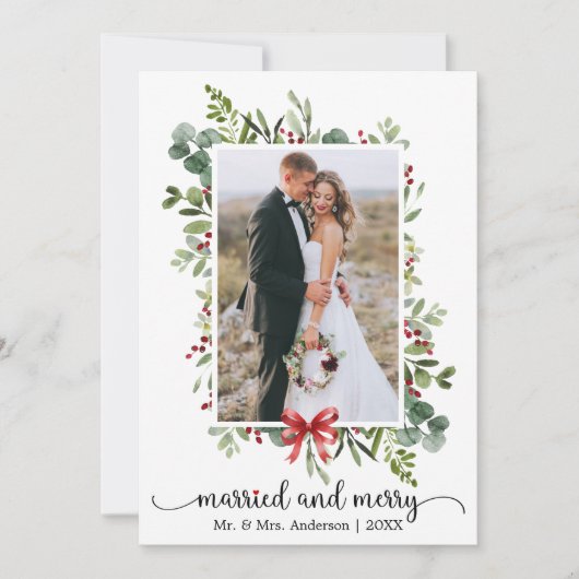 Calligraphy Heart Married and Merry Red Bow Photo Feestdagenkaart (Voorkant)
