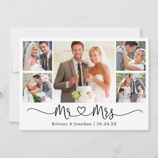 Calligraphy Heart Mr. en Mrs Wedding 5 Foto Bedankkaart (Voorkant)