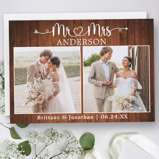 Calligraphy Heart Mr. Mrs. 2 Photo Wedding Wood Bedankkaart