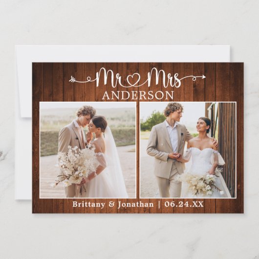 Calligraphy Heart Mr. Mrs. 2 Photo Wedding Wood Bedankkaart (Voorkant)