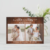 Calligraphy Heart Mr. Mrs. 2 Photo Wedding Wood Bedankkaart (Staand voorkant)