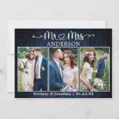 Calligraphy Heart Mr. Mrs. Blue Wood Wedding Bedankkaart (Voorkant)