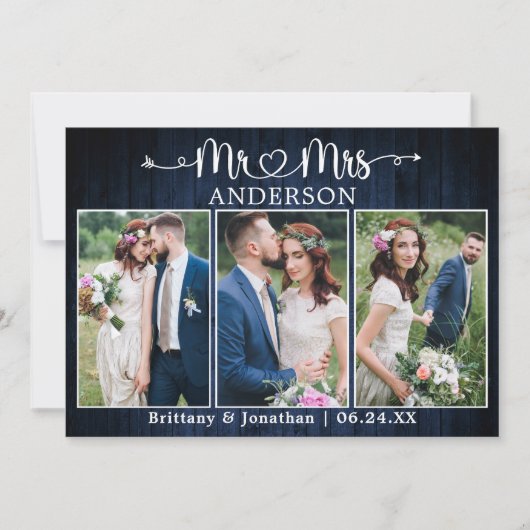 Calligraphy Heart Mr. Mrs. Blue Wood Wedding Bedankkaart (Voorkant)