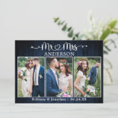 Calligraphy Heart Mr. Mrs. Blue Wood Wedding Bedankkaart (Staand voorkant)