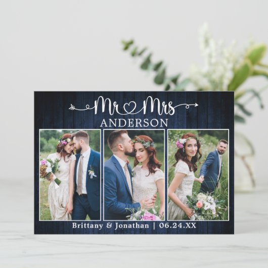 Calligraphy Heart Mr. Mrs. Blue Wood Wedding Bedankkaart (Staand voorkant)