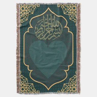 Calligraphy Heart Teal Gold Woven  Deken