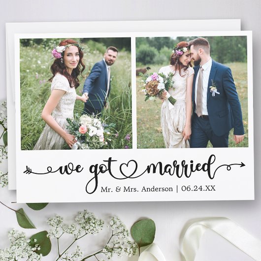 Calligraphy Heart We Got Married 2 Photo Wedding Aankondiging