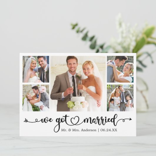 Calligraphy Heart We Got Married 5 Photo Wedding Aankondiging (Staand voorkant)