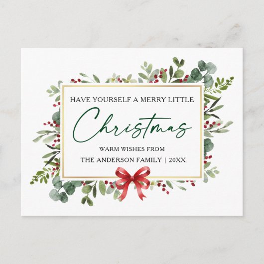 Calligraphy Ink Watercolor Greenery Red Bow Feestdagenkaart (Voorkant)