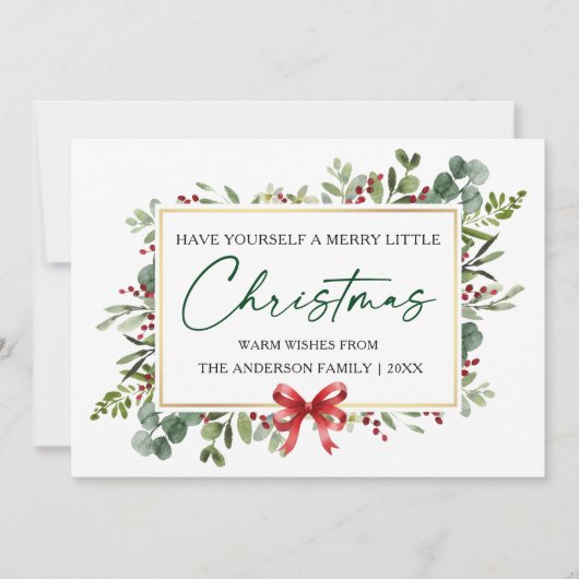 Calligraphy Ink Watercolor Greenery Red Bow Feestdagenkaart (Voorkant)