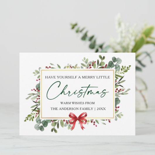 Calligraphy Ink Watercolor Greenery Red Bow Feestdagenkaart (Staand voorkant)