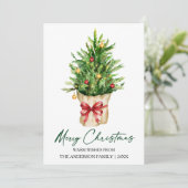 Calligraphy Ink Watercolor Pine Christmas Red Bow Feestdagenkaart (Staand voorkant)