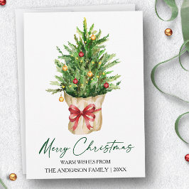 Calligraphy Ink Watercolor Pine Christmas Red Bow Feestdagenkaart