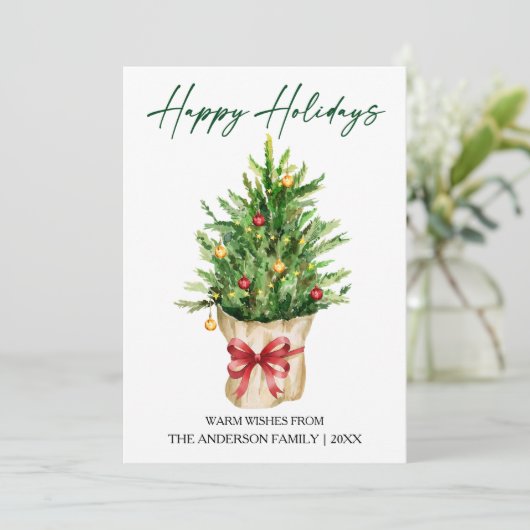 Calligraphy Ink Watercolor Pine Red Bow Feestdagenkaart (Staand voorkant)